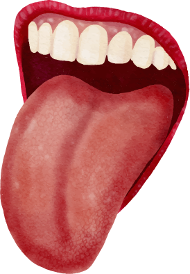 Close-up of a mouth with tongue sticking out, showing teeth and pink tongue.