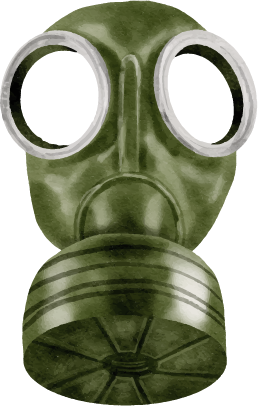 Green gas mask with round eye openings and a filter at the bottom.