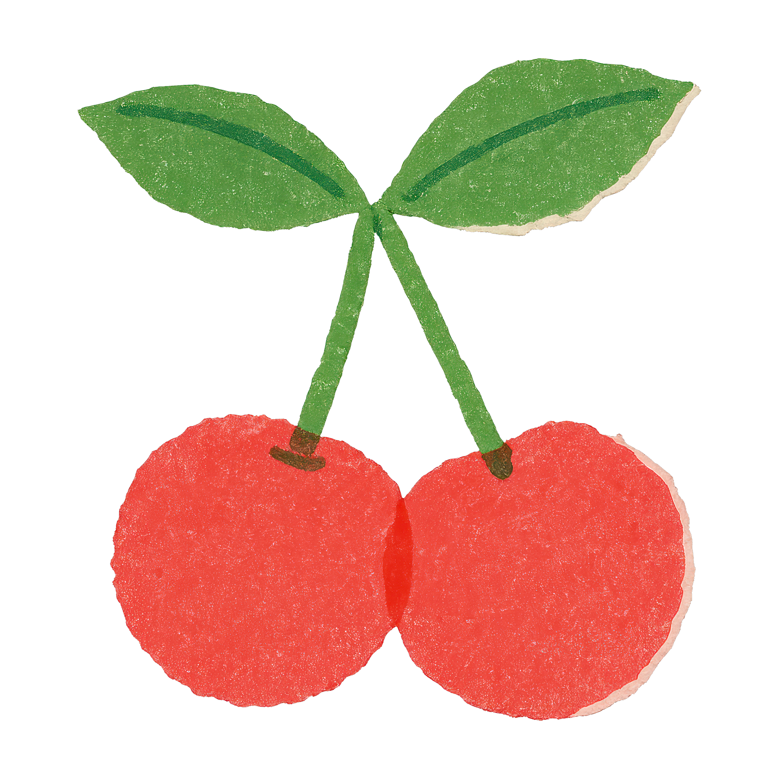 Illustration of two cherries with green leaves, featuring a purple rectangular shape in the background.