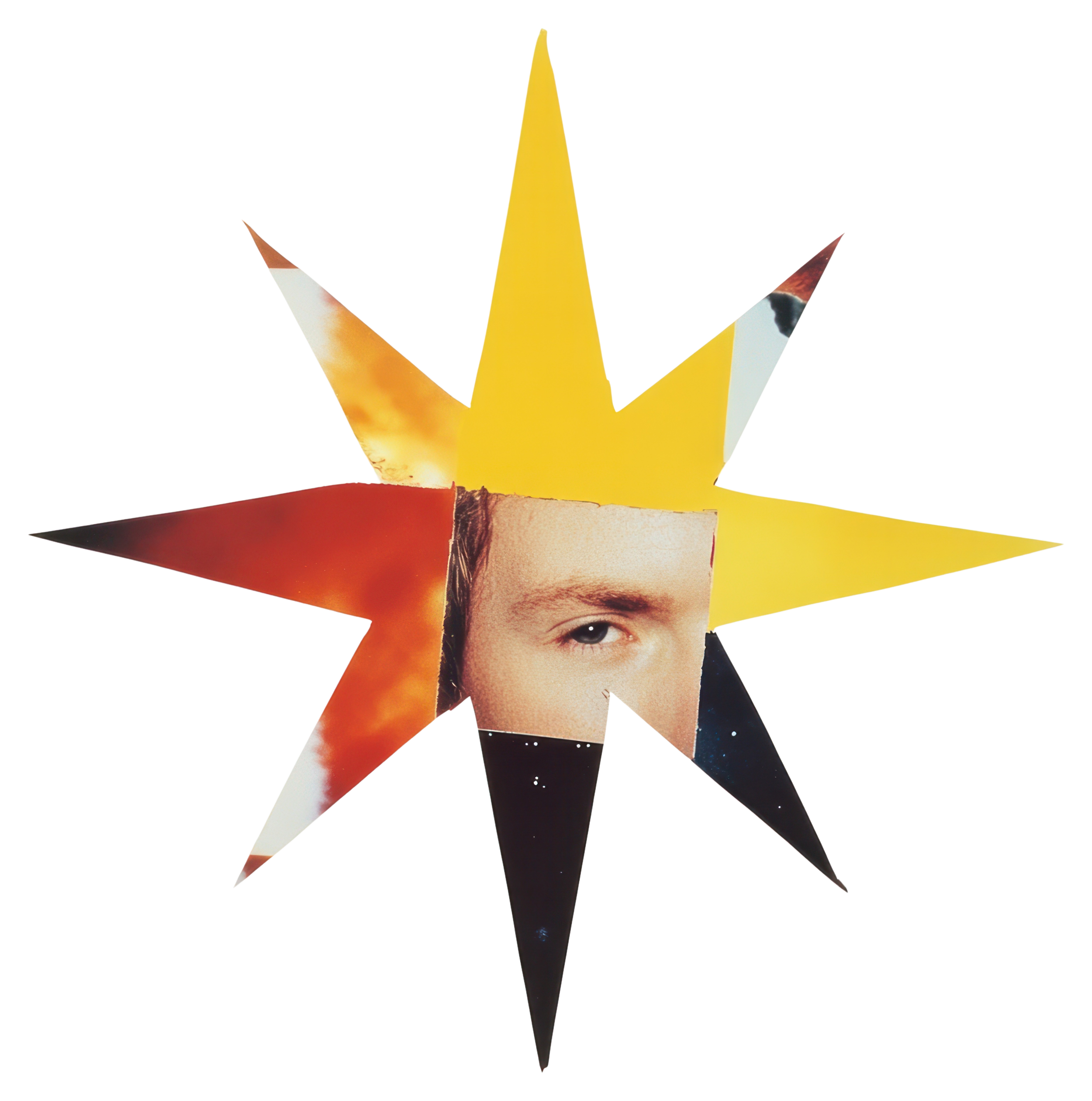 A star-shaped collage with various images, including a person's face, a sunset, and a starry sky.