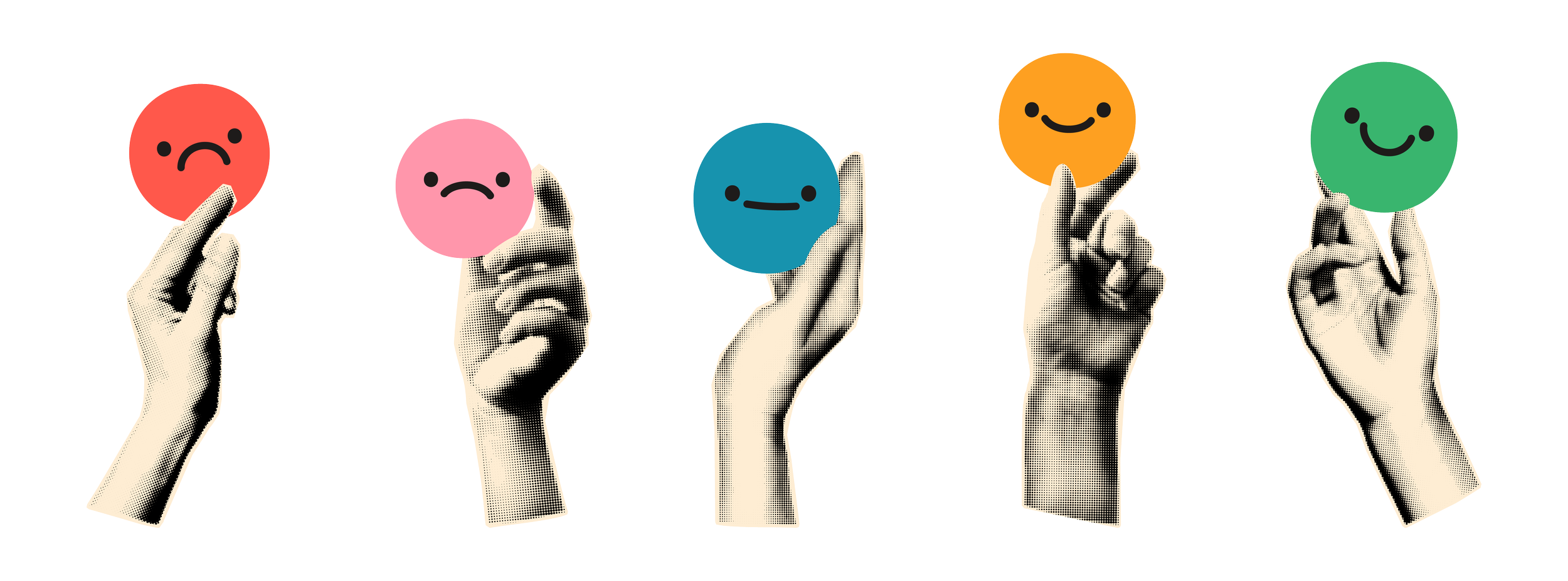Five hands holding colorful round emoji faces with different expressions, from sad to happy, against a black background.