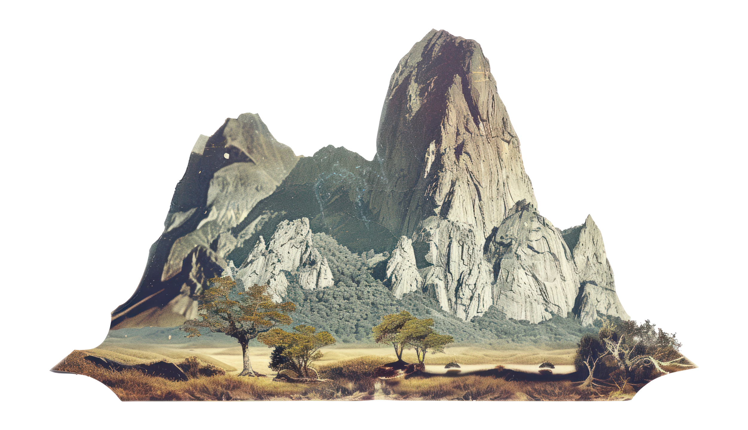 A mountain landscape with large rocky peaks, trees, and grassy foreground.