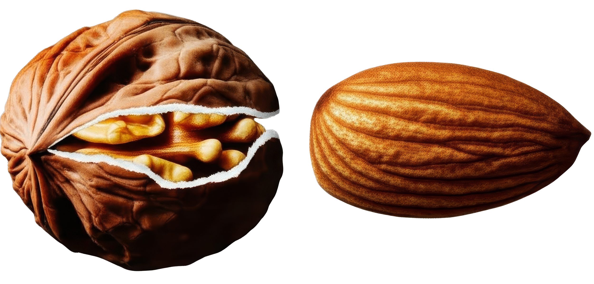 Close-up of a whole walnut with one half cracked open showing the nut inside, and a whole almond nut against a black background.