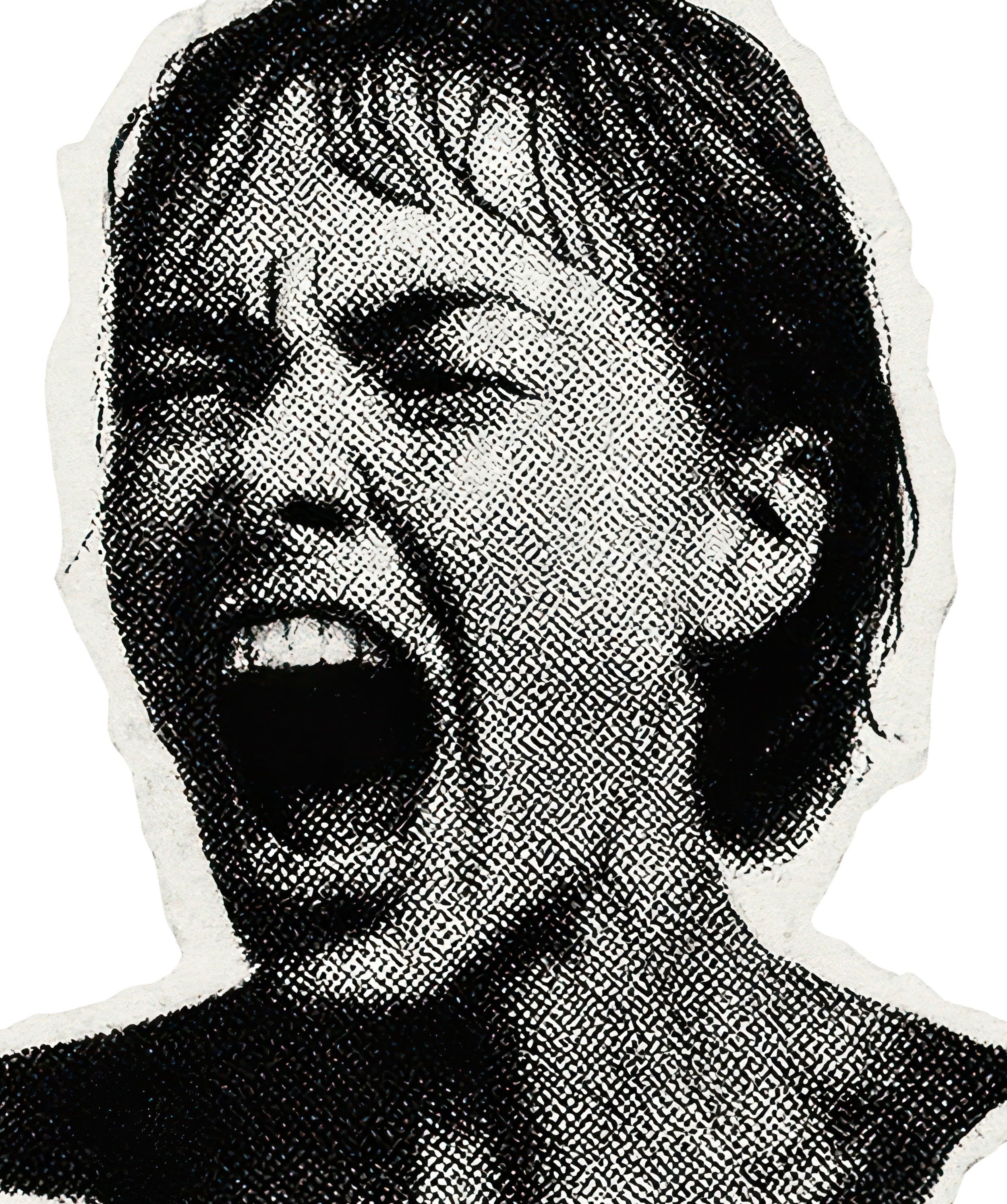 A black and white pop art style illustration of a woman with short hair, yawning with her mouth wide open.