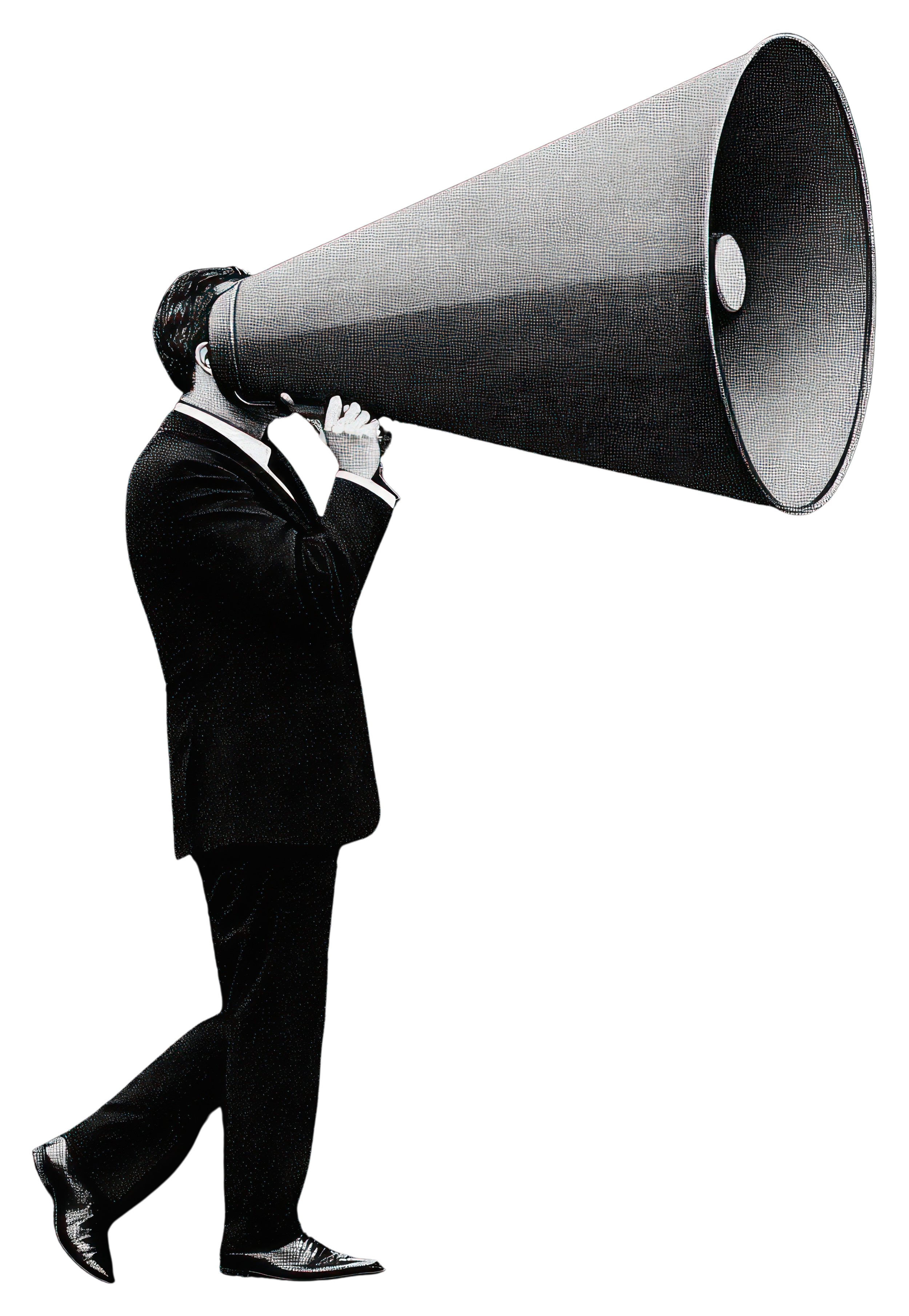 A man in a suit speaking into a large megaphone.