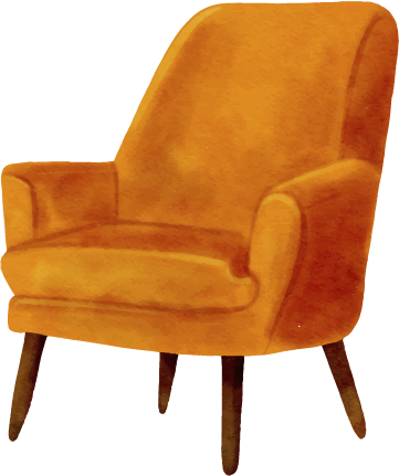 A cozy orange armchair with wooden legs.