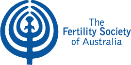 Logo of The Fertility Society of Australia, featuring a stylized emblem with concentric circles and tree-like branches in dark blue.
