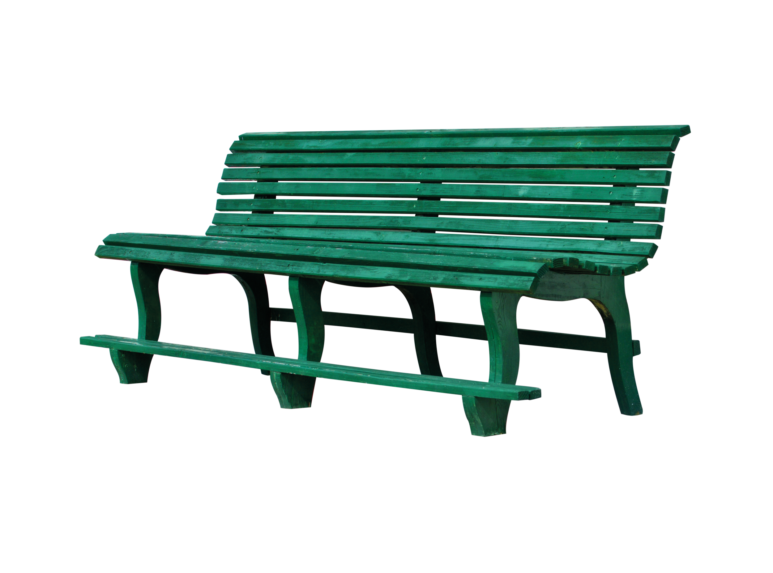 Green wooden park bench isolated on a transparent background.