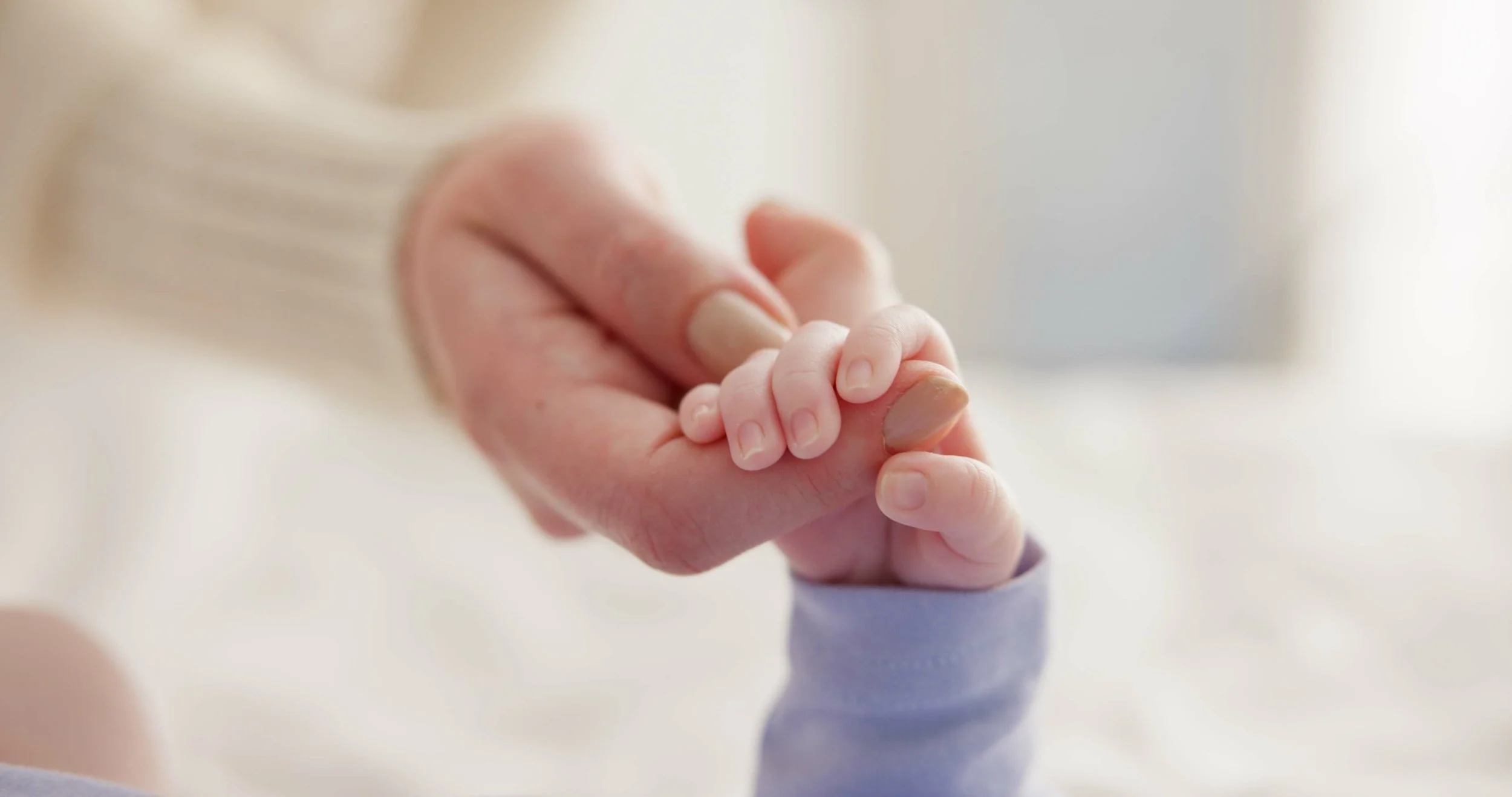 Close-up of an adult hand gently holding a baby's hand.
