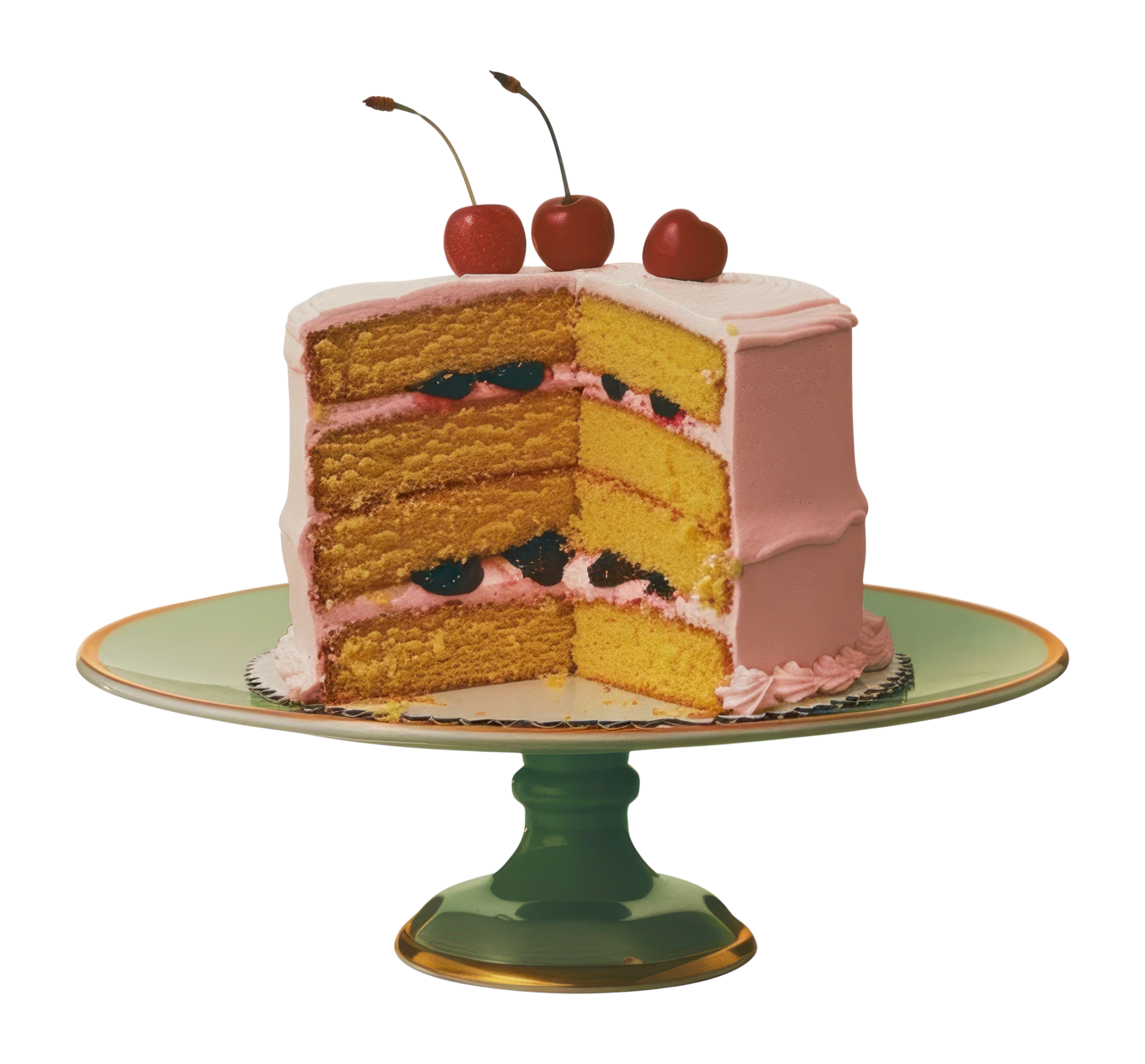 A slice of four-layer yellow cake with cherry filling, pink frosting, and cherries on top, served on a gold-trimmed green cake stand.