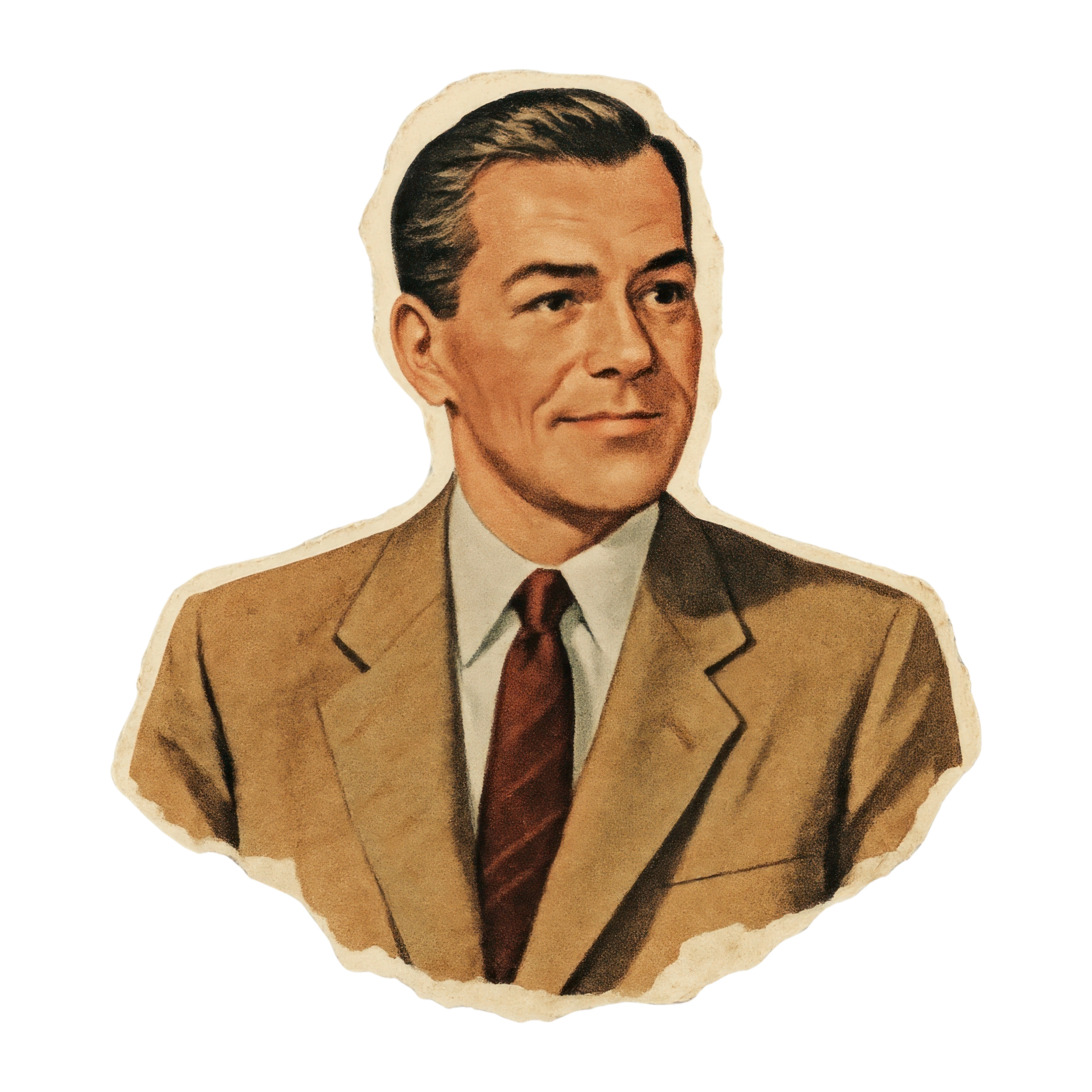 Vintage illustration of a man with dark hair, wearing a tan suit, white shirt, and red tie