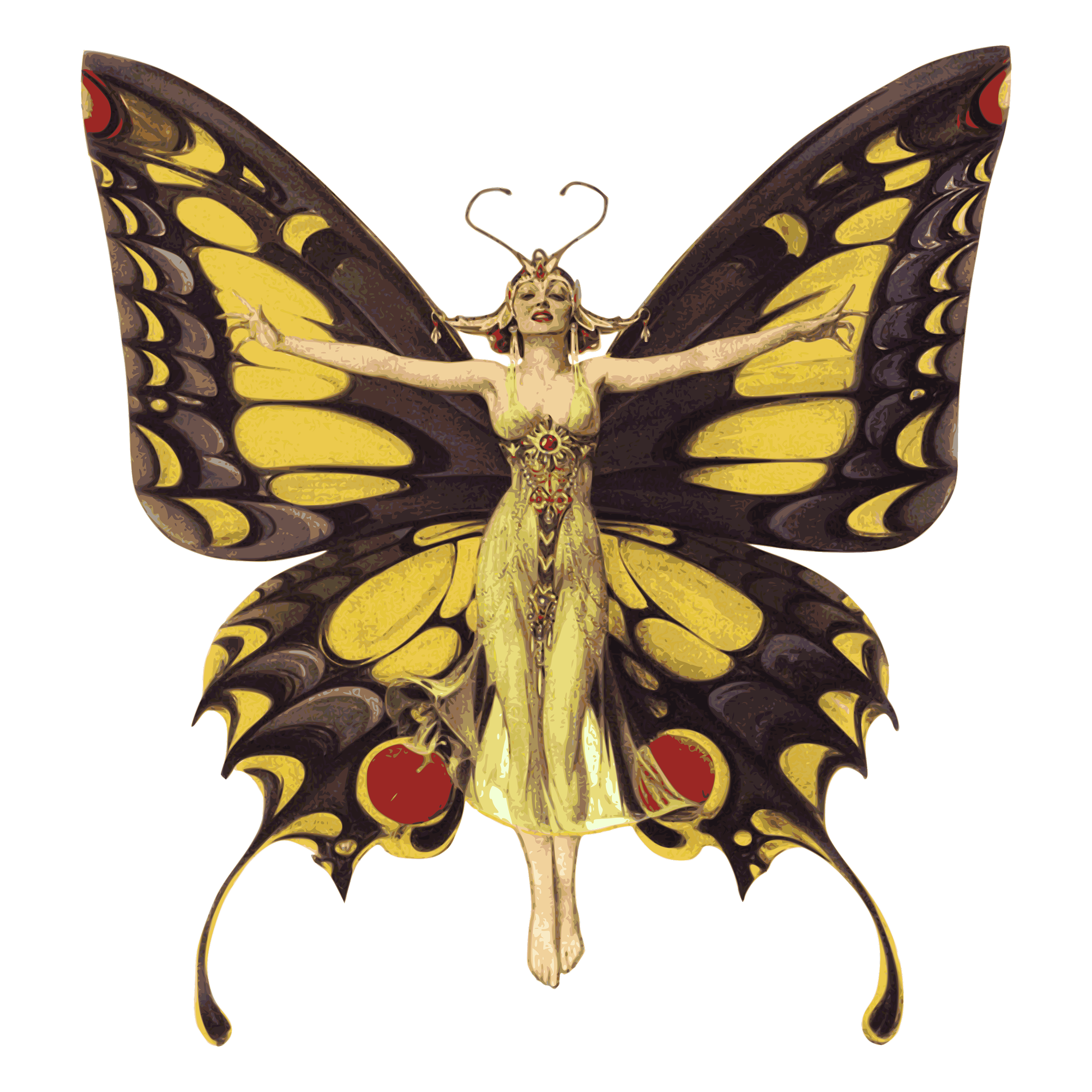 A fantasy depiction of a woman with butterfly wings, dressed in a yellow dress, with antennae on her head, and cherry-like objects attached to her wings.