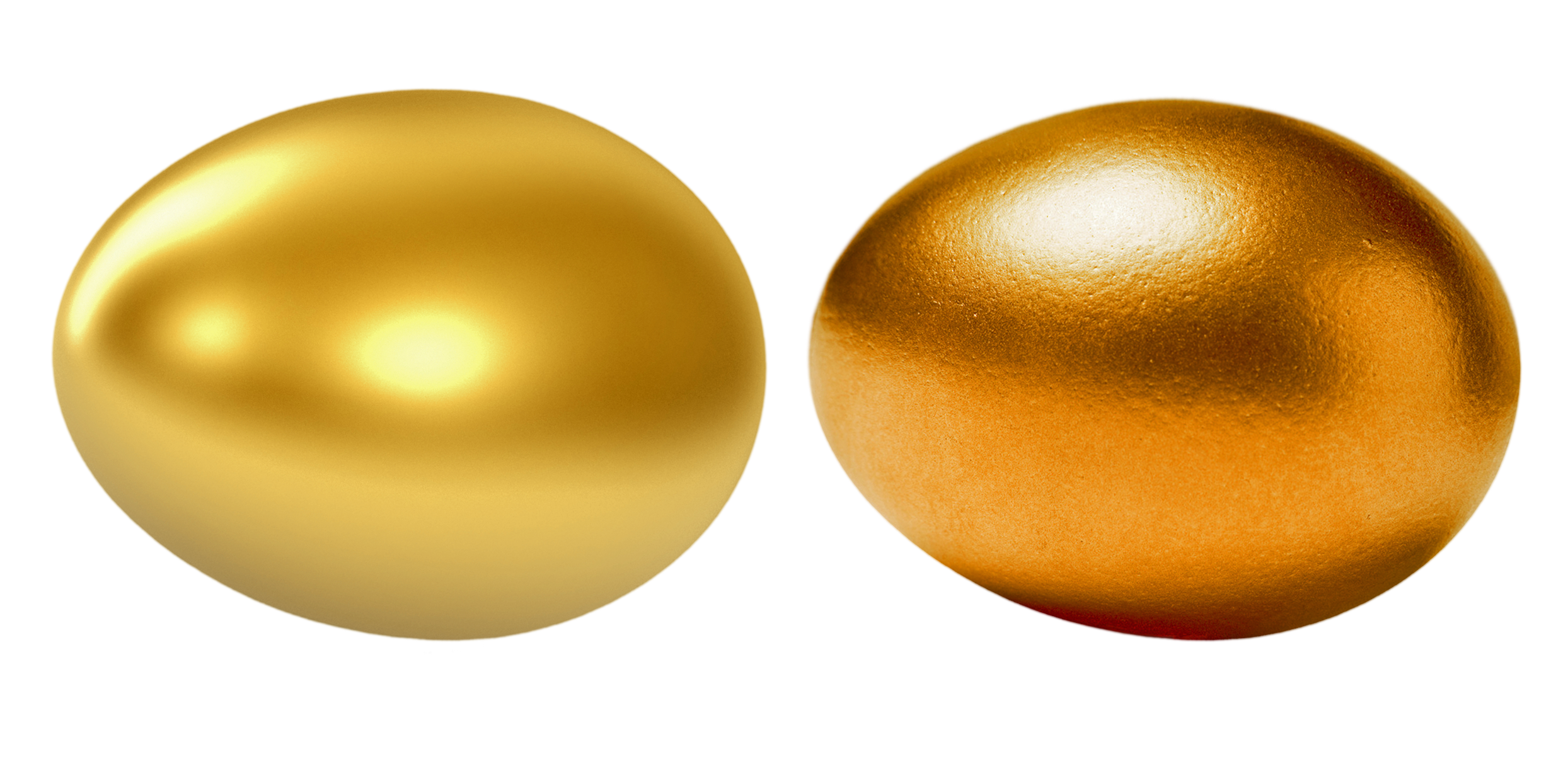 Comparison of two eggs, one is golden and shiny, the other is a matte golden.
