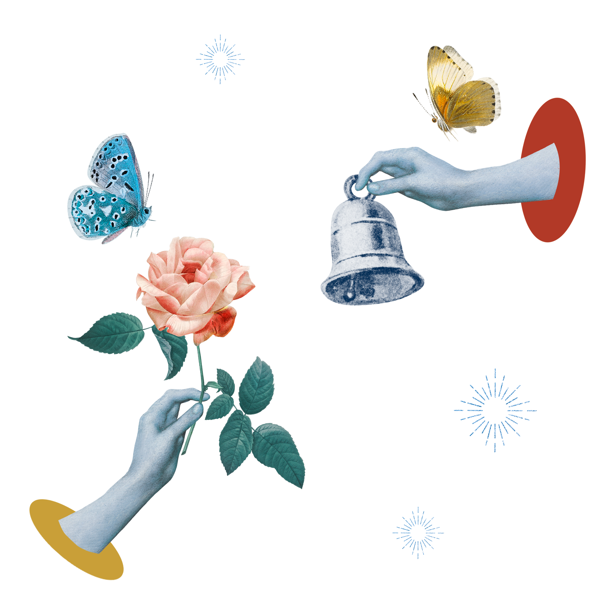 Collage of two hands, one holding a rose and the other ringing a bell, with butterflies and flowers in a surreal art style.