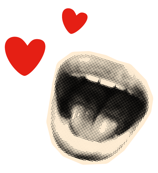 A stylized open mouth with two red hearts above it on a black background.