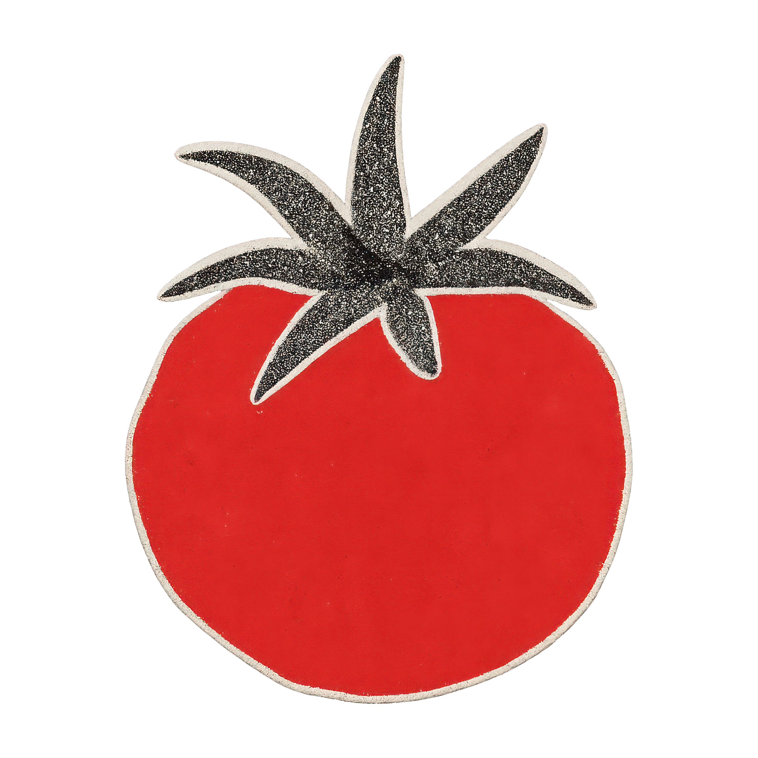 Graphic illustration of a red tomato with a black background and a silver outline, featuring a silver star-shaped top.