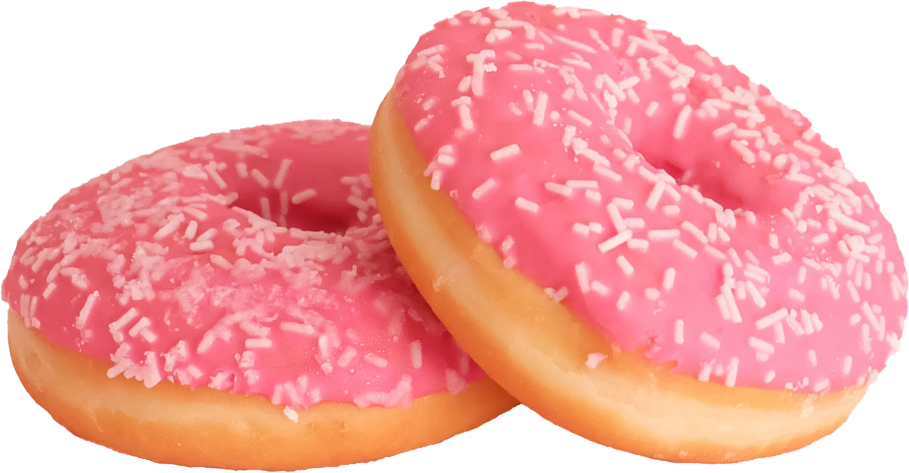 Two donuts with pink frosting and white sprinkles.