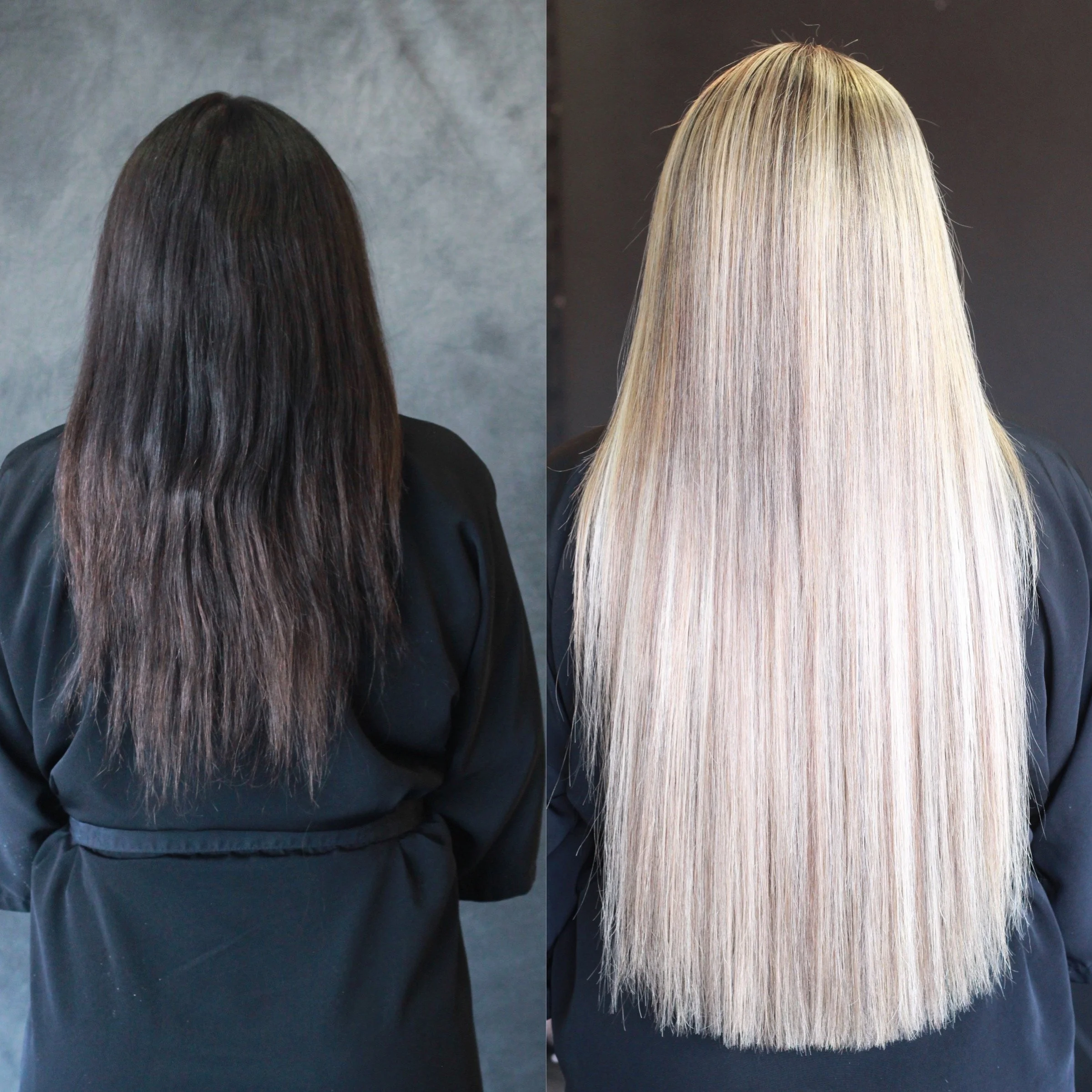 Side-by-side comparison of a woman's hair before and after hair treatment: dark brown, wavy hair on the left, and long, straight, blonde hair on the right.