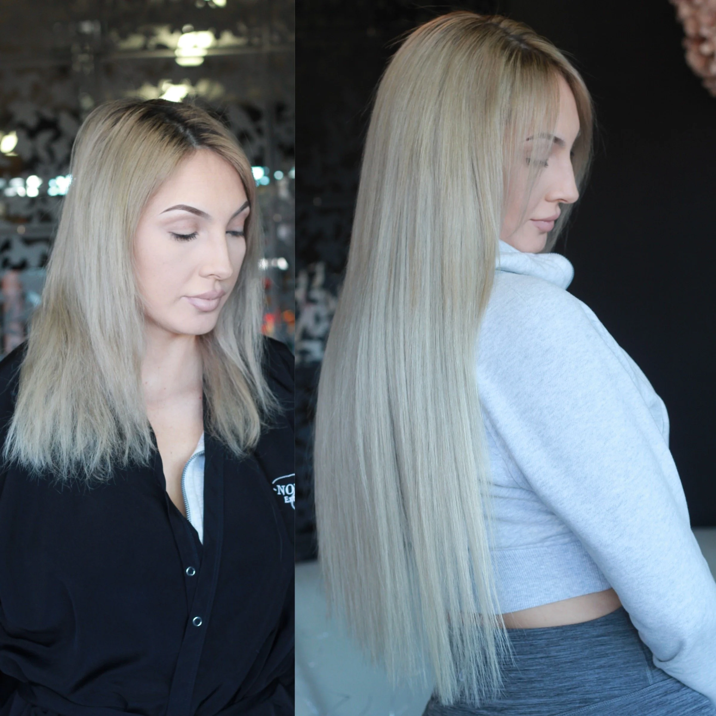 Side-by-side comparison showing a woman with shoulder-length blonde hair on the left, and the same woman with long, straight, platinum blonde hair on the right.
