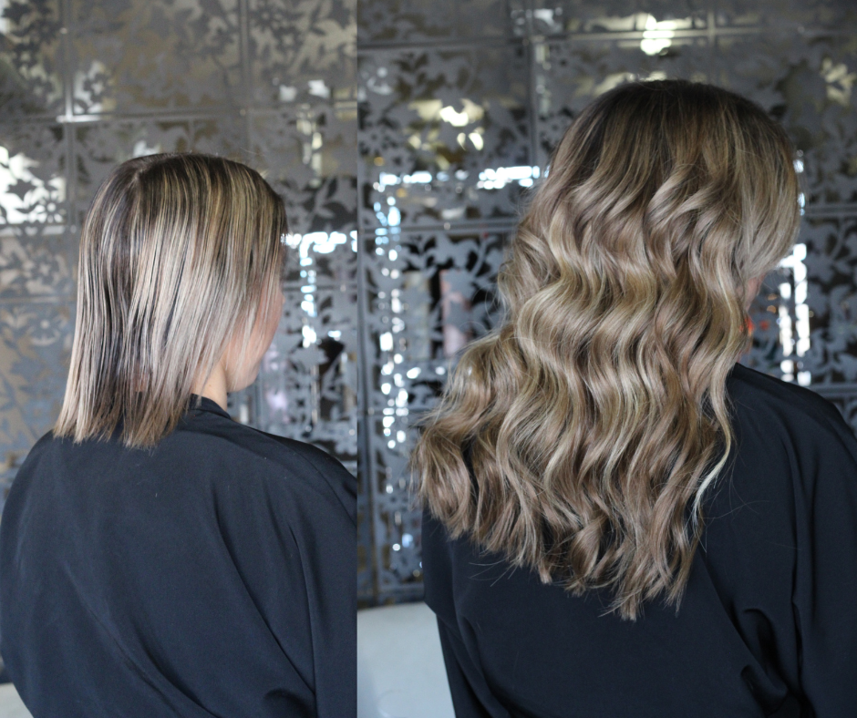 Side-by-side comparison of a woman with short, straight, light brown hair on the left and long, wavy, highlighted blonde hair on the right.