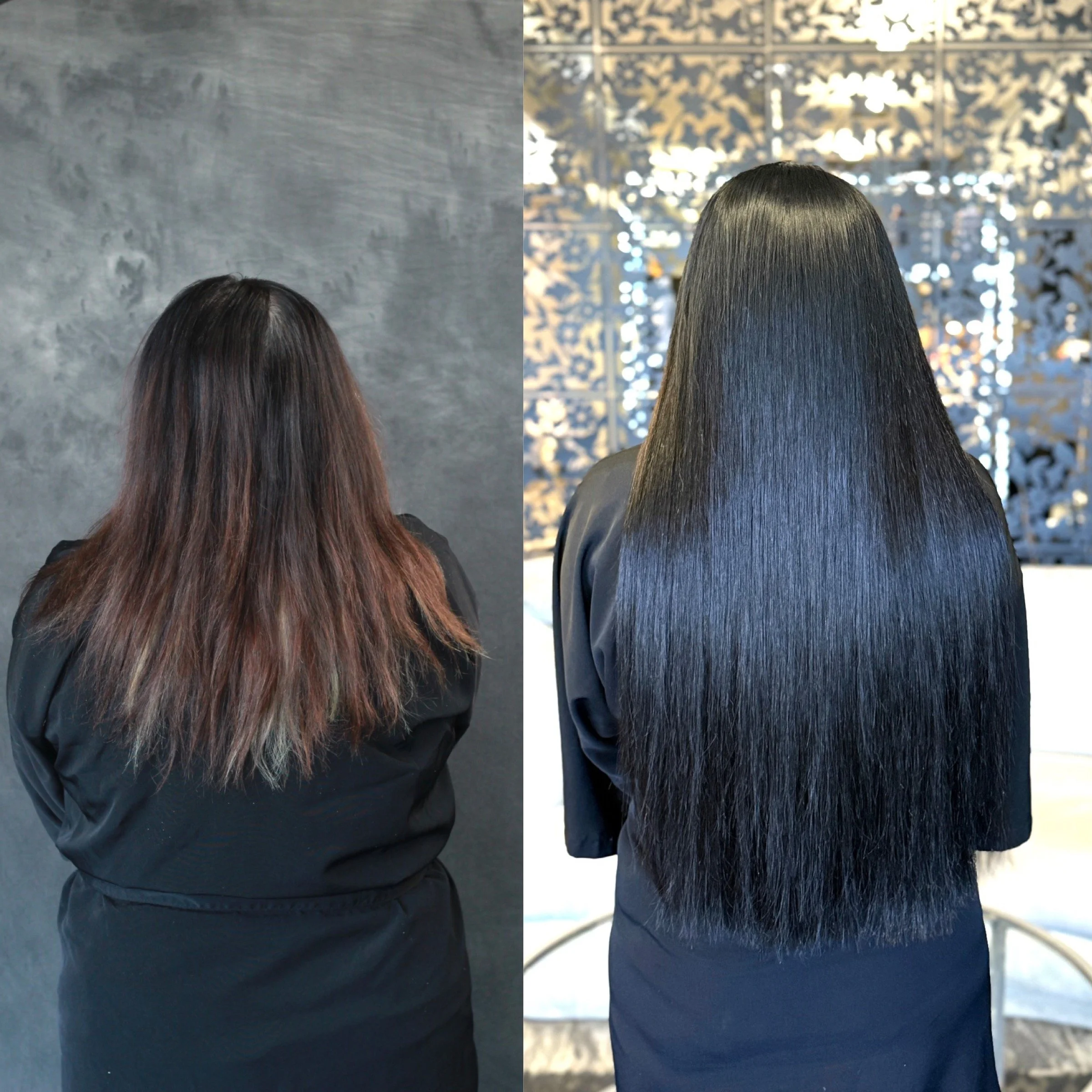 Side-by-side comparison of a woman’s hair before and after a transformation, showing long, straight, dark hair.