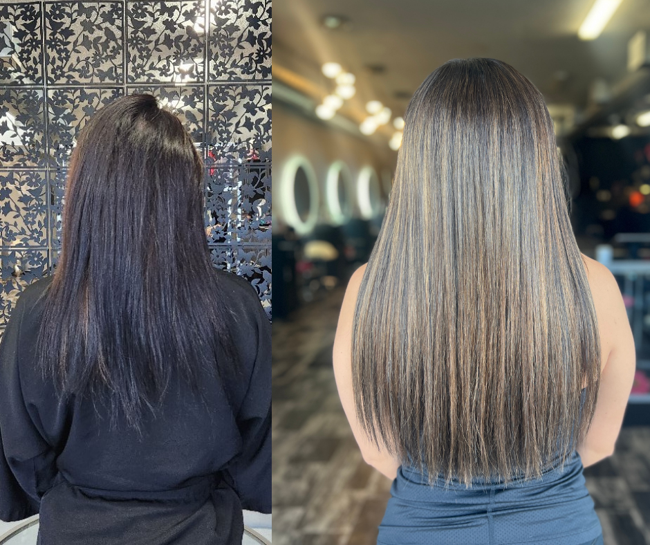 Side-by-side comparison of a woman with long, dark hair before and after a hair treatment. In the 'before' image, her hair is dark, straight, and appears slightly frizzy. In the 'after' image, her hair is lighter with highlights, very smooth, shiny, and straight.