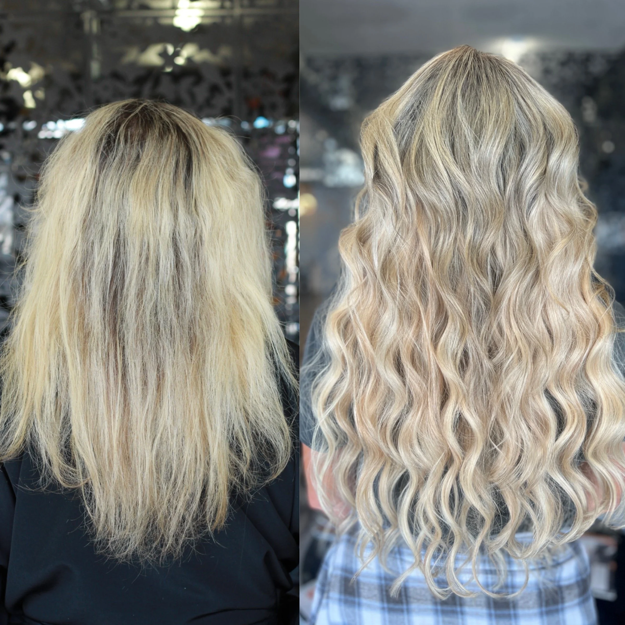 Side-by-side comparison of a woman's hair before and after hair treatment. The left shows frizzy, unstyled blonde hair, and the right shows smooth, wavy, styled blonde hair.