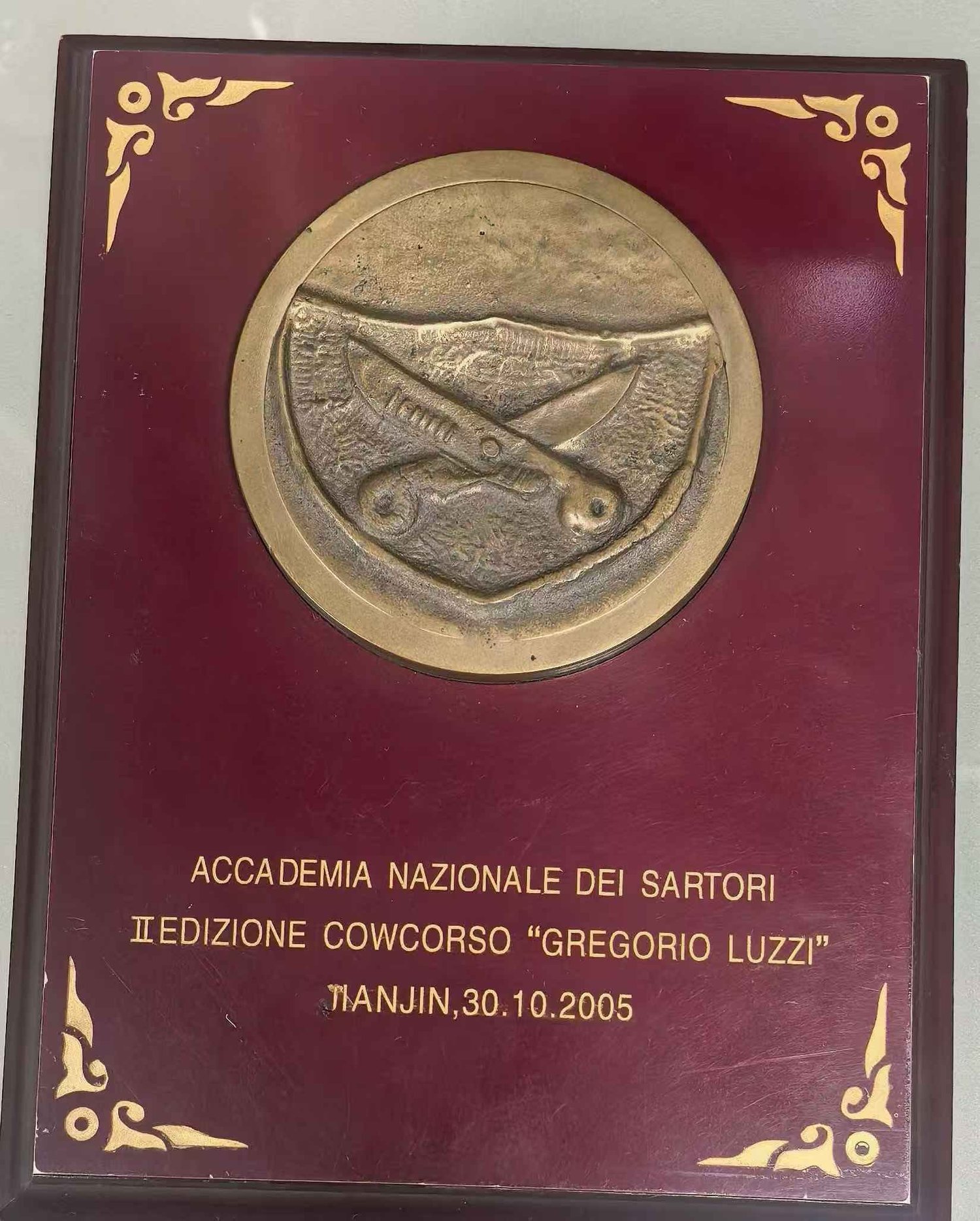 Gregorio Luzzi medal plaque — Accademia Nazionale dei Sartori, Tianjin 30.10.2005