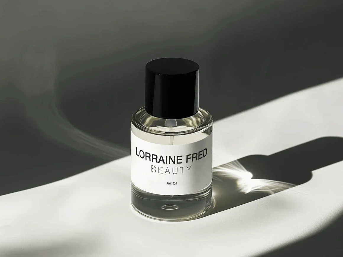 A bottle of Lorraine Fred beauty hair oil on a surface with shadows, labeled Lorraine Fred Beauty, Hair Oil.
