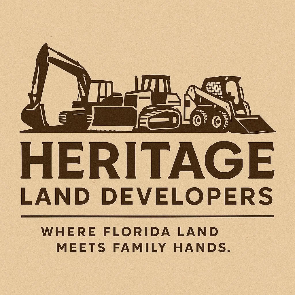 Logo for Heritage Land Developers features silhouettes of construction equipment and the text 'Heritage Land Developers, where Florida land meets family hands'.