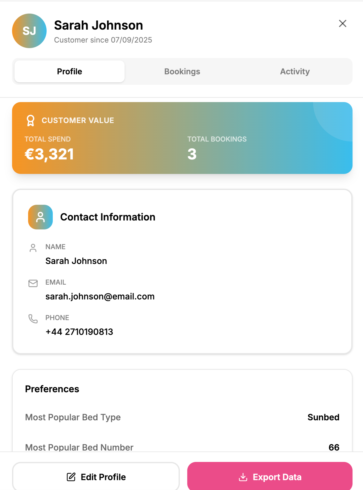 Screenshot of a customer profile page for Sarah Johnson with customer value, contact information, and preferences, including total spend, bookings, email, phone number, and bed type preference.