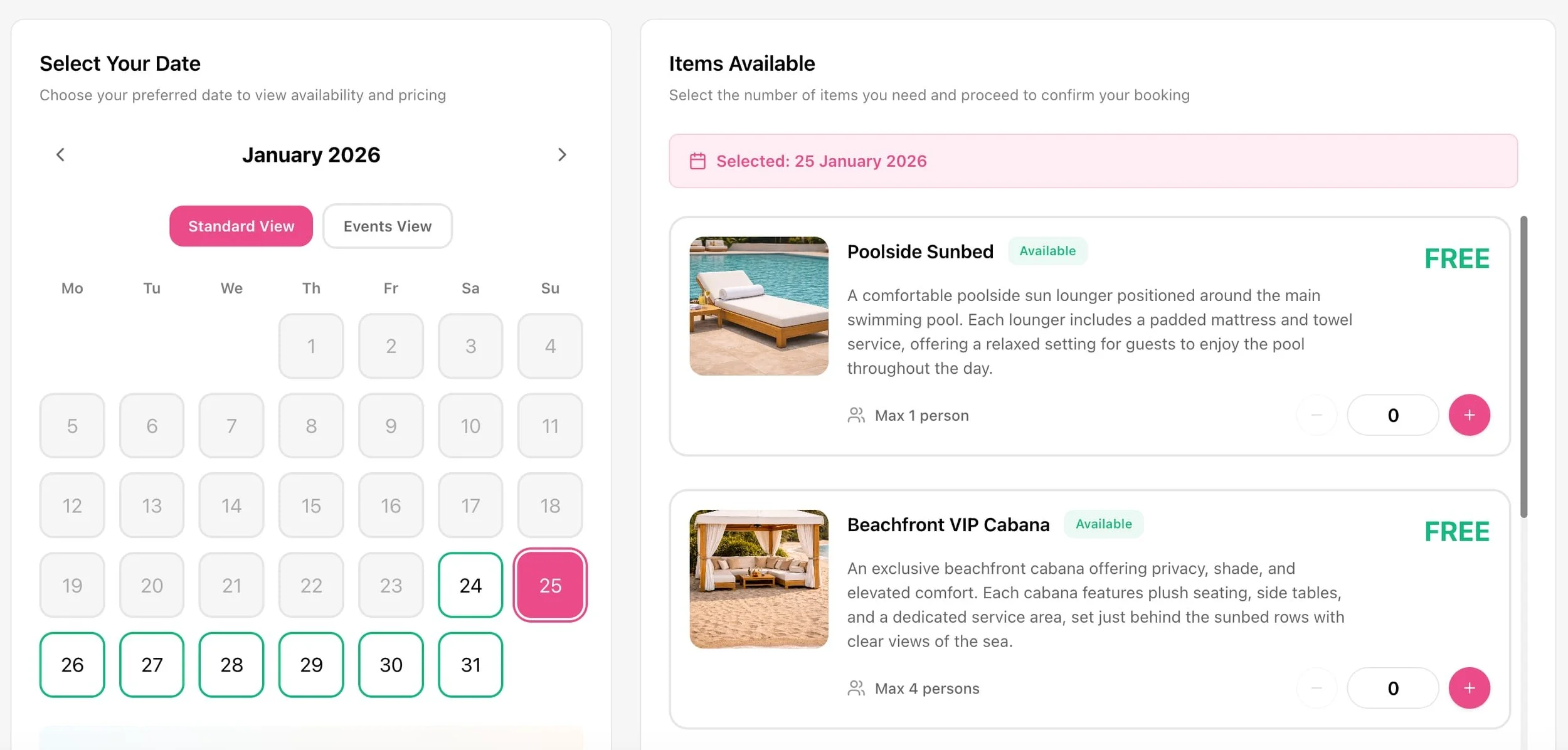 Booking calendar and selection screen showing available amenities like poolside sunbed and beachfront VIP cabana for January 25, 2026.