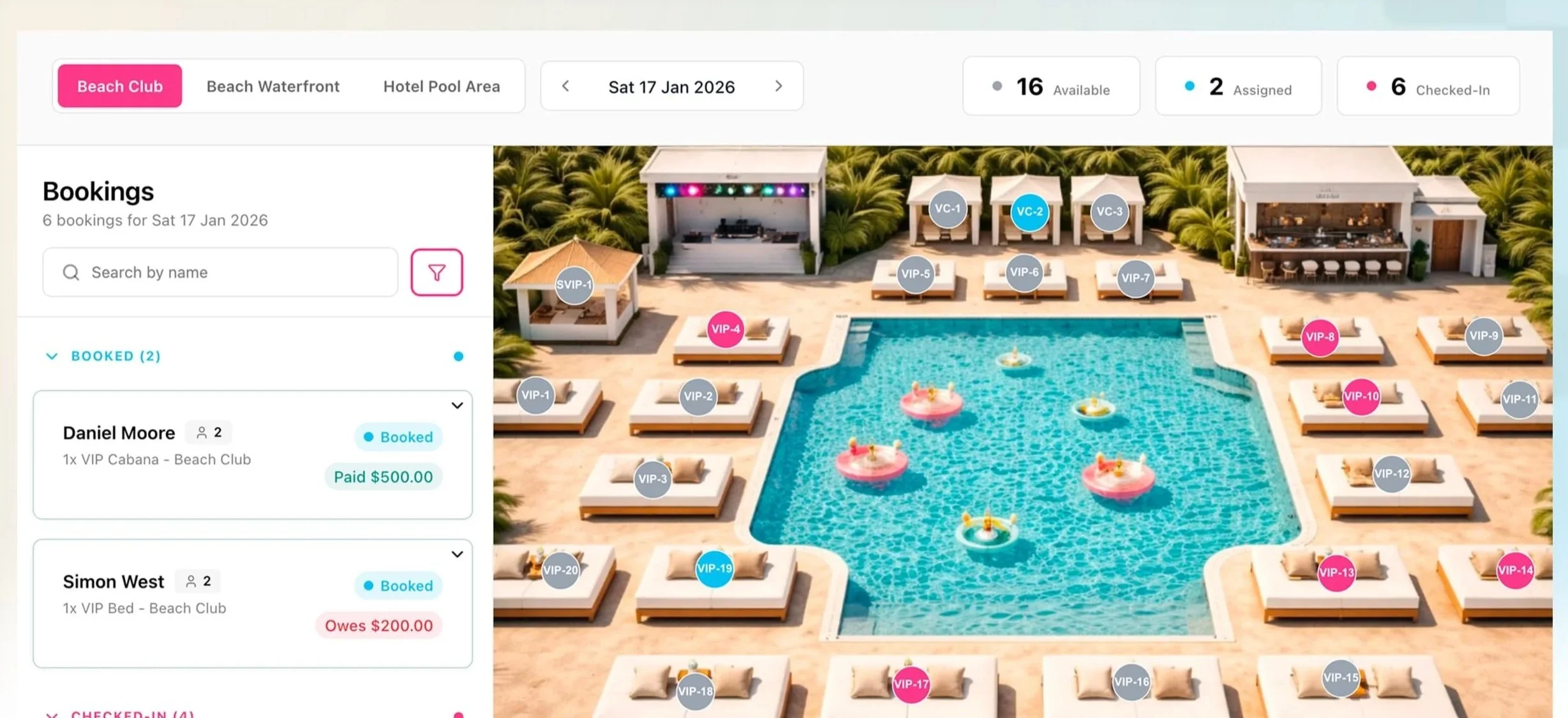A digital reservation system showing a tropical poolside resort layout with several booked and available cabanas, floating inflatables in the pool, and a bar area, with reservation details and date of January 17, 2026.