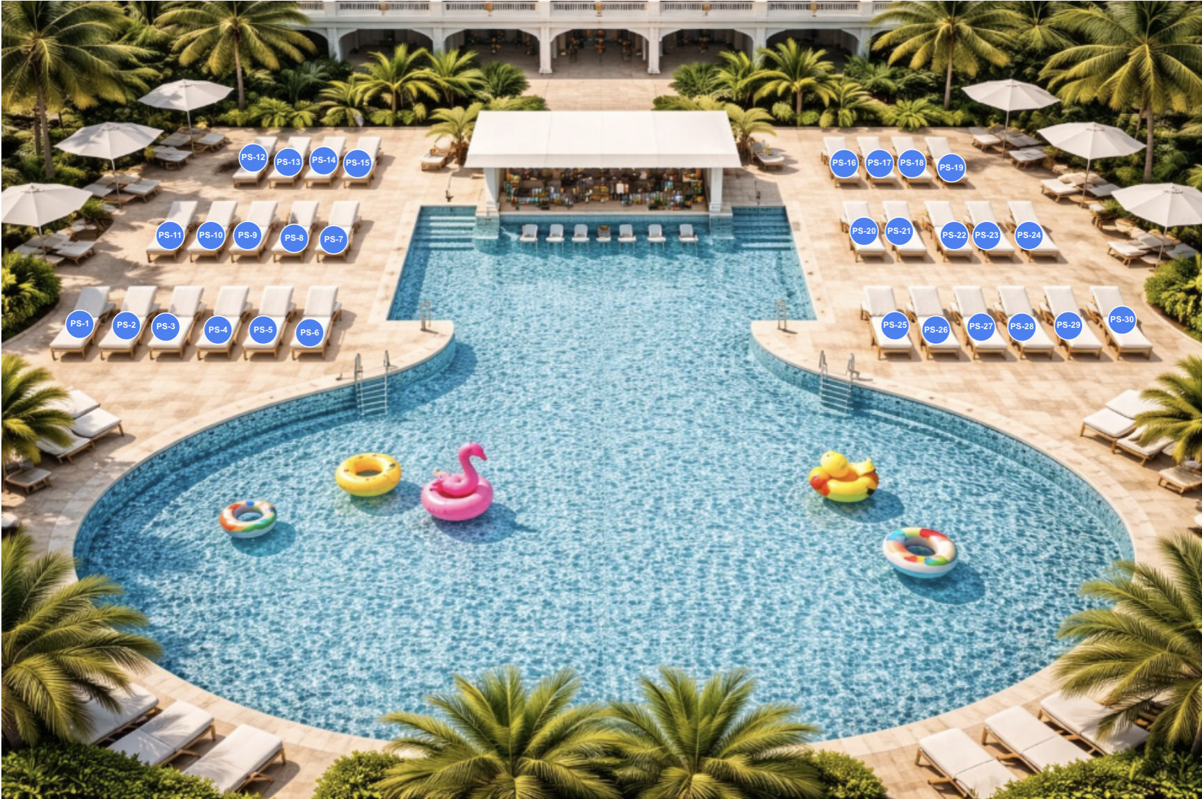 A large outdoor swimming pool surrounded by lounge chairs with umbrellas, palm trees, and a shaded bar area in a resort setting. The pool has colorful floats, including a pink flamingo, a duck, and three rings. The lounge chairs are labeled with blue markers from PS-1 to PS-30.