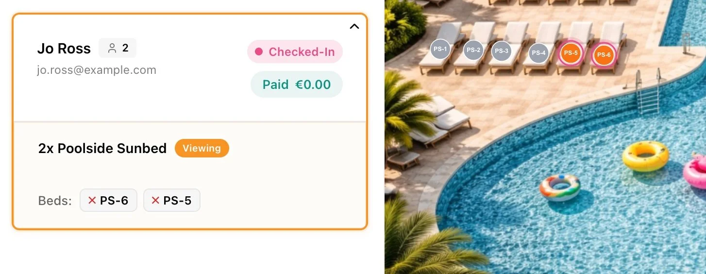 A pool area with four lounge chairs, each labeled PS-1 through PS-6, and two colorful pool floats in the water. On the left, a reservation screen shows a booking for two poolside sunbeds labeled PS-5 and PS-6.