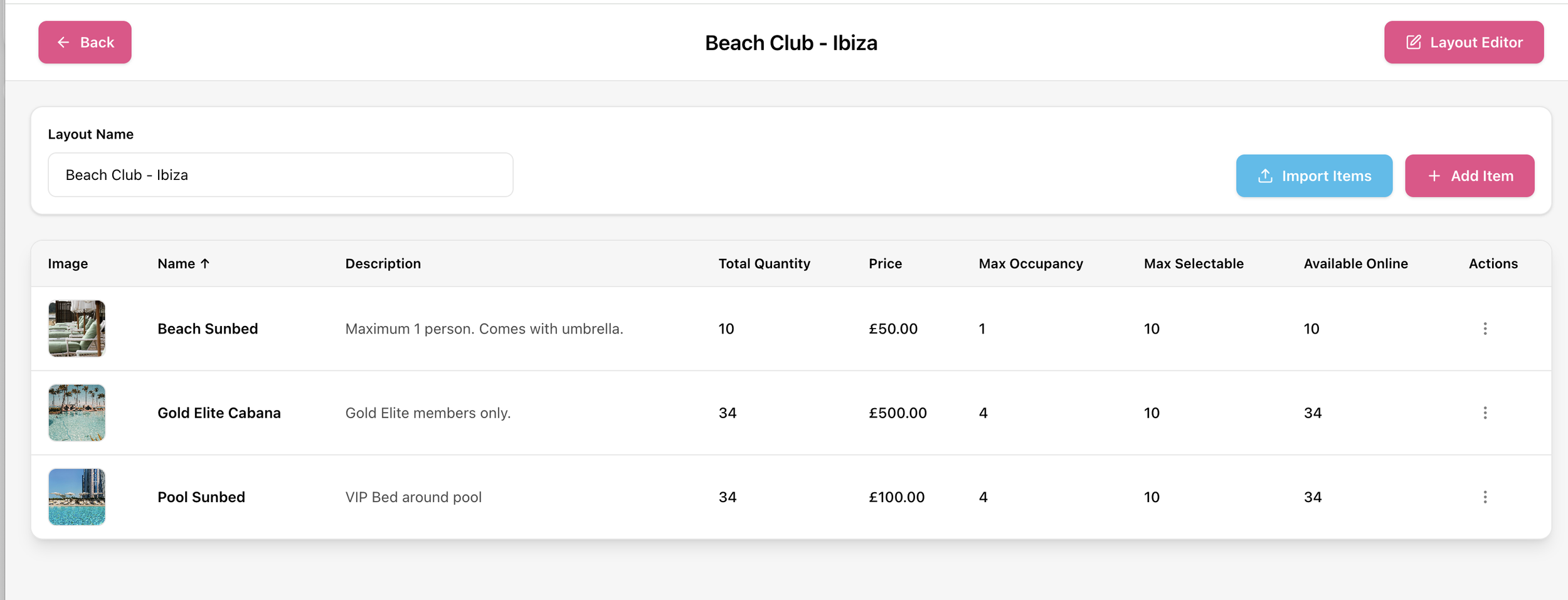 Online inventory page for Beach Club - Ibiza, listing three items: Beach Sunbed with umbrella, Gold Elite Cabana, and Pool Sunbed, showing images, descriptions, quantities, and prices.