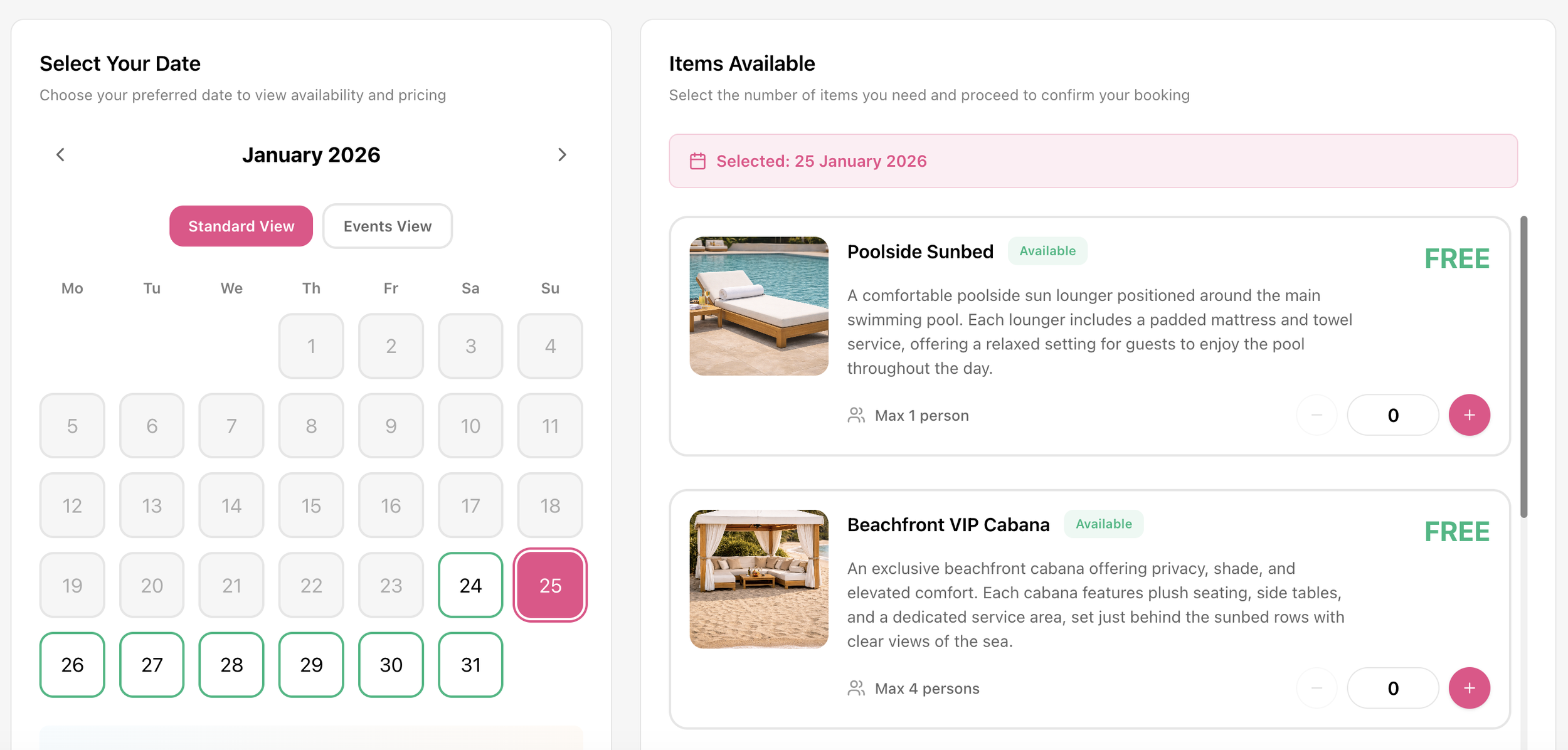 Online booking interface showing available dates in January 2026, with selected date 25th, and two available poolside amenities: Poolside Sunbed and Beachfront VIP Cabana, both marked as free.