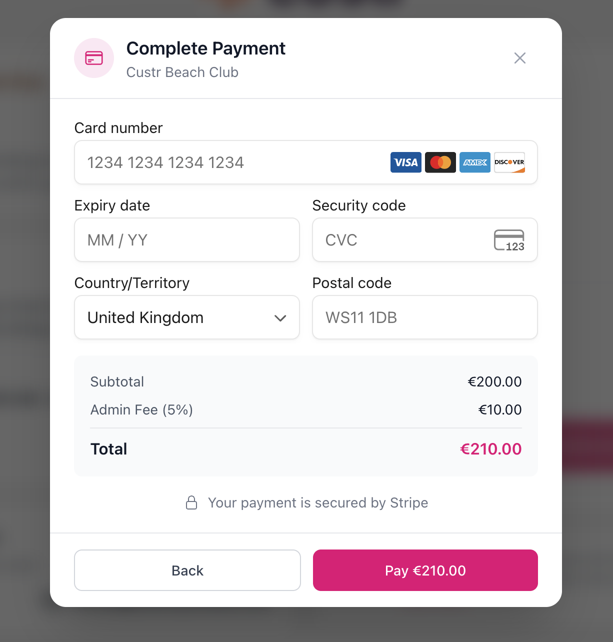 Online payment form for Custr Beach Club showing total amount of €210.00 with credit card details, expiration date, security code, country, postcode, and a pay button.