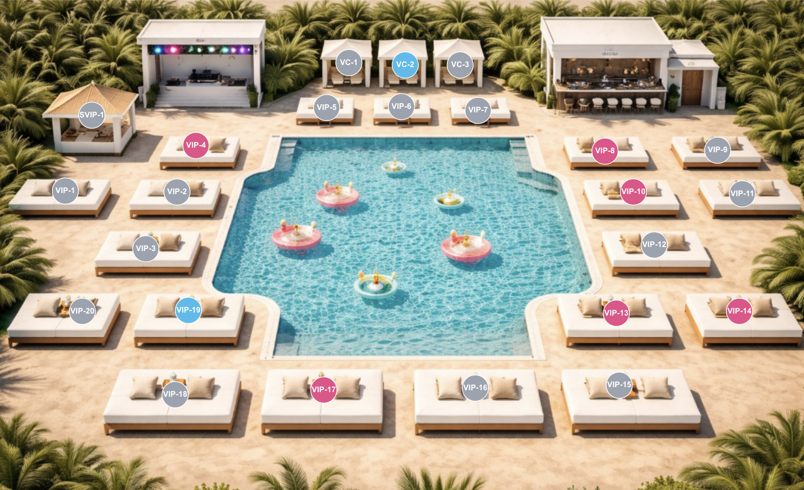 A luxury poolside lounge area with a swimming pool at the center, surrounded by large white daybeds with beige cushions, each labeled with VIP numbers. There are shaded cabanas, a stage with colorful lights, and additional small tents labeled VC-1, VC-2, and VC-3. The scene is set in a tropical environment with palm trees.