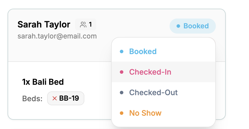 Booking details for Sarah Taylor, with a booking status marked as 'Booked.' She has reserved one Bali Bed, bed number BB-19, in a reservation system.