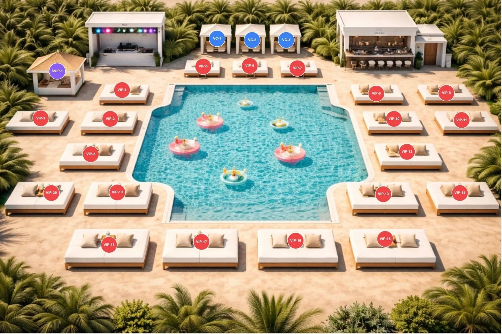 Aerial view of a pool with floating toys, lounge beds, palm trees, poolside cabanas, and an easy Sunbed Booking System.
