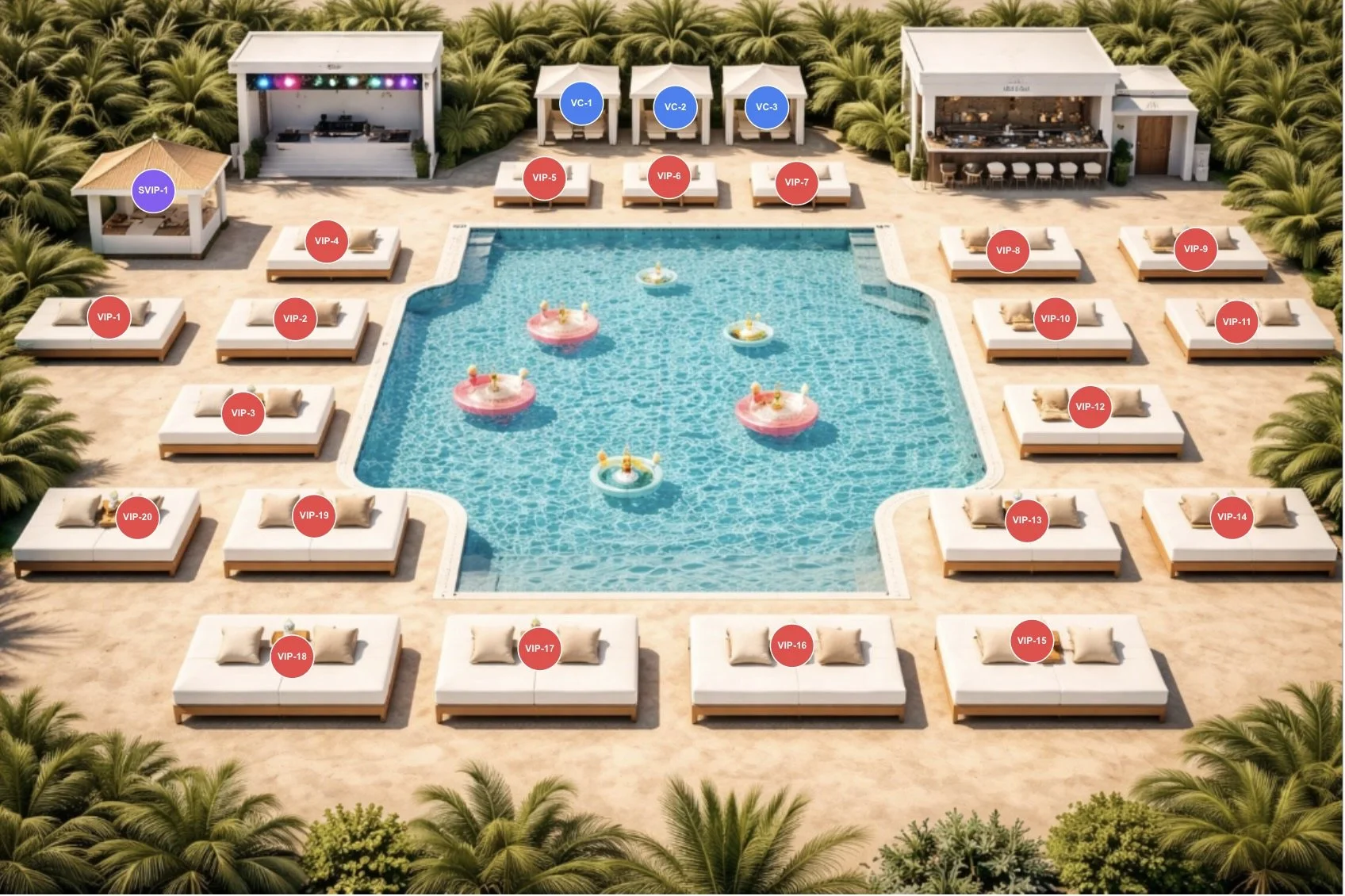 Poolside layout with private cabanas and lounge chairs, surrounded by palm trees. The pool has floating inflatable toys, and the area features VIP sections, a bar, and DJ booths labeled VC-1 to VC-3.