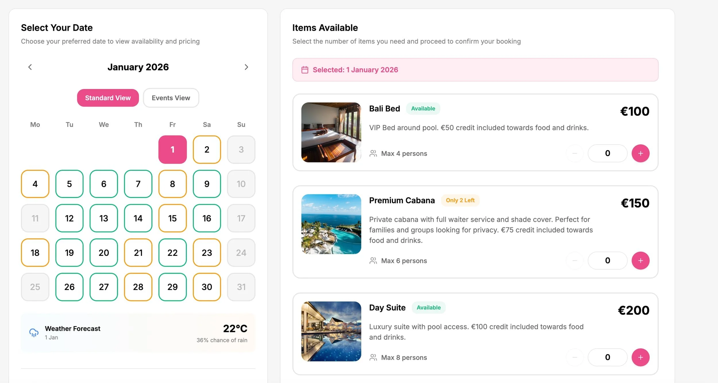 Sunbed Booking System interface displays a January 2026 calendar with Bali Bed, Premium Cabana, and Day Suite options and prices.