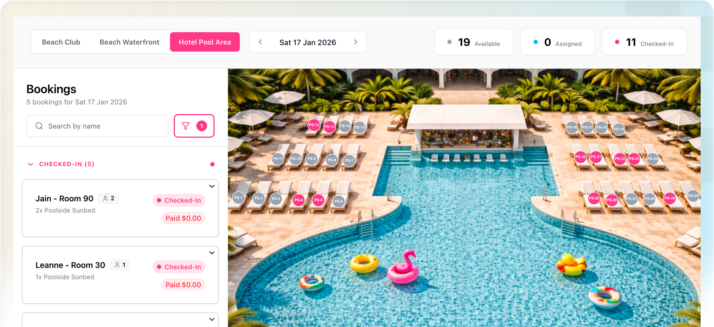 A digital booking dashboard showing a poolside area with pool floats, lounge chairs, umbrellas, and several booked and available rooms on January 17, 2026.