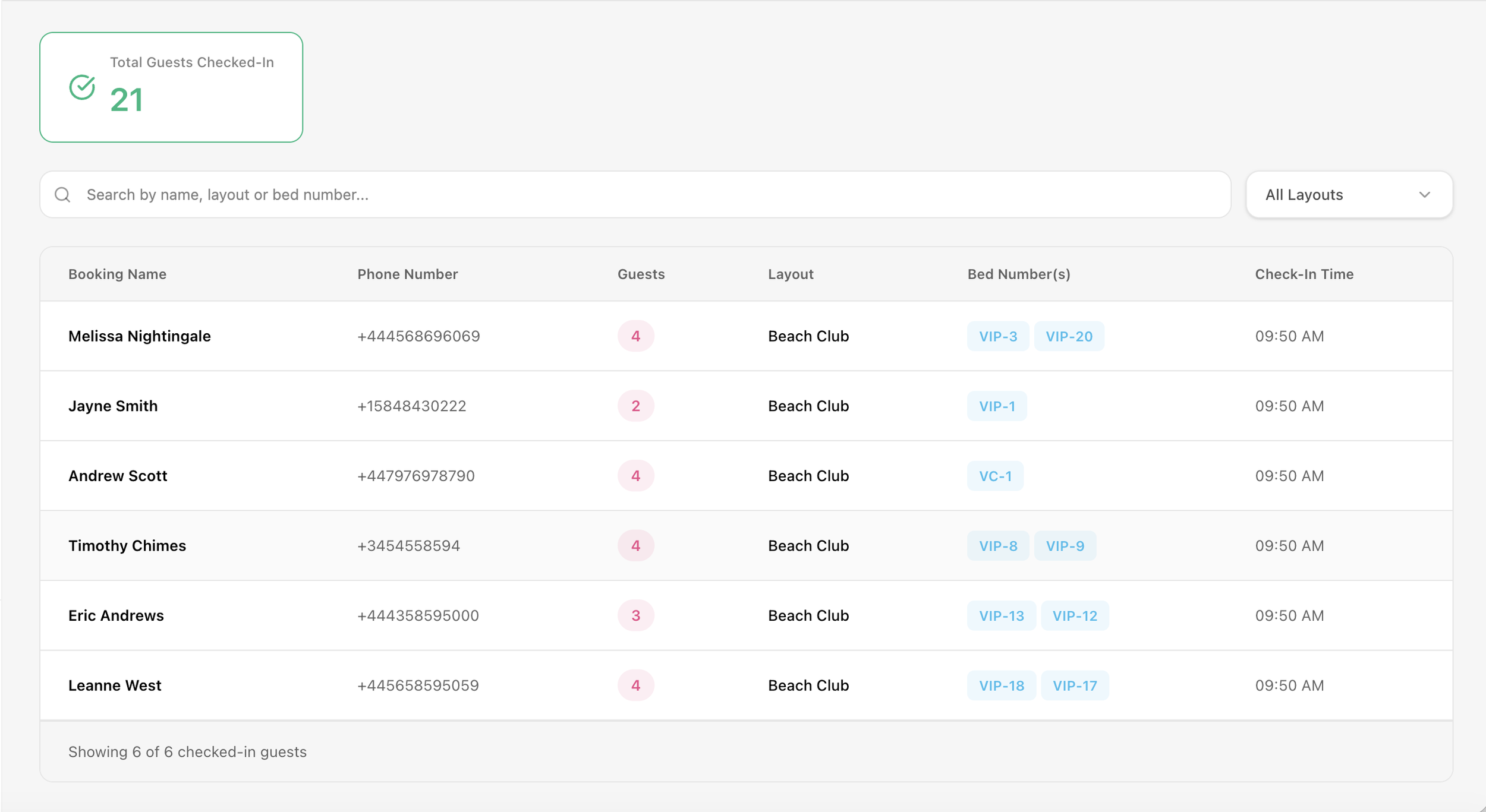 Guest check-in list for a beach club showing six guests with their names, phone numbers, number of guests, room layouts, specific bed numbers, and check-in time at 9:50 AM.