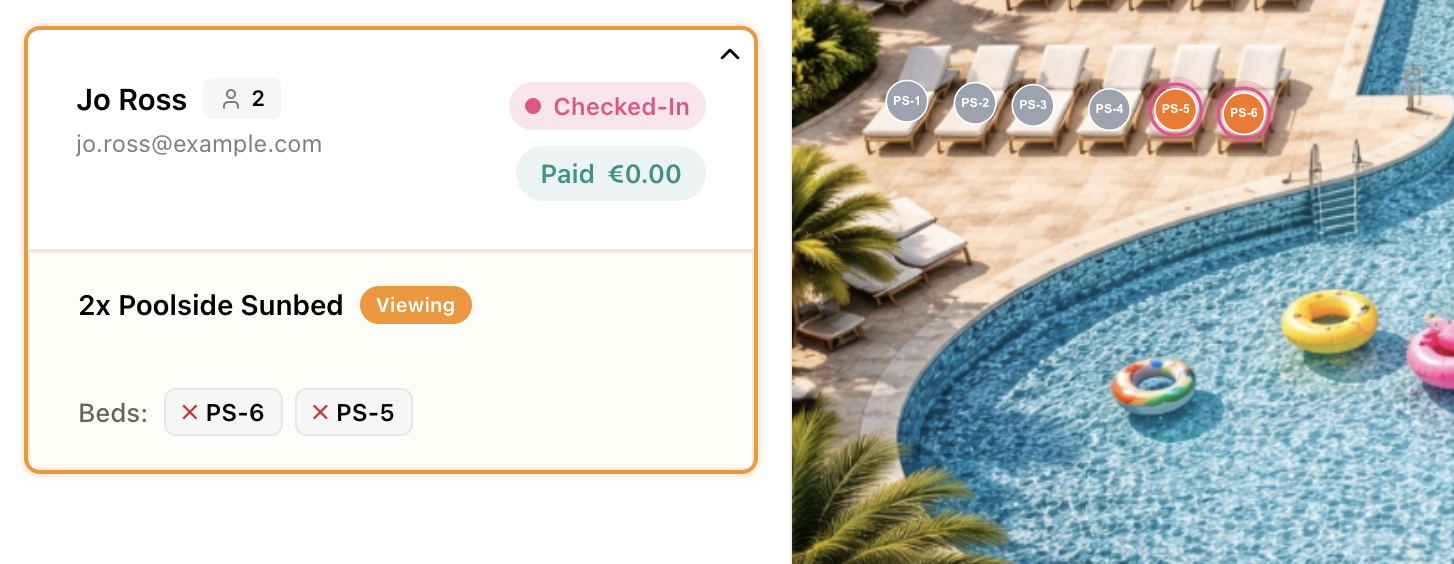 View of a swimming pool with floating pool toys and lounge chairs around it, along with a reservation display showing a booked poolside sunbed for two, marked PS-5 and PS-6, on a resort or hotel website.