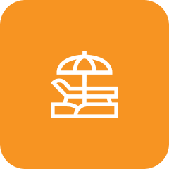 Icon of a beach chair with an umbrella on a stack of books, set against an orange background.