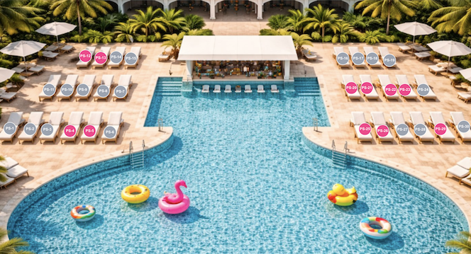 A hotel swimming pool area with lounge chairs, umbrellas, and a bar with a canopy. The pool has floating toys including a pink flamingo and colorful inner tubes. There are several lounge chairs with numbered pink and white signs indicating reserved or designated spots.