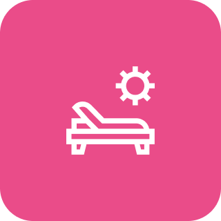 Hospital bed with a gear icon above, on a pink background.