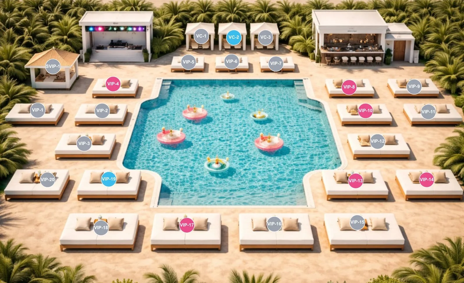 A resort pool scene with labeled VIP beds, featuring a Sunbed Booking System; inflatable floats and nearby bars complete the vibe.